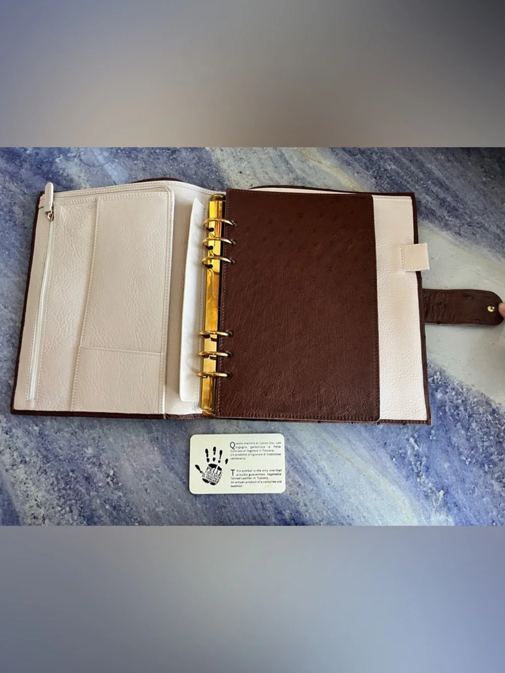 New A5 Ring Planner Cover Agenda Organizer Real Ostrich Chestnut Cream Leather